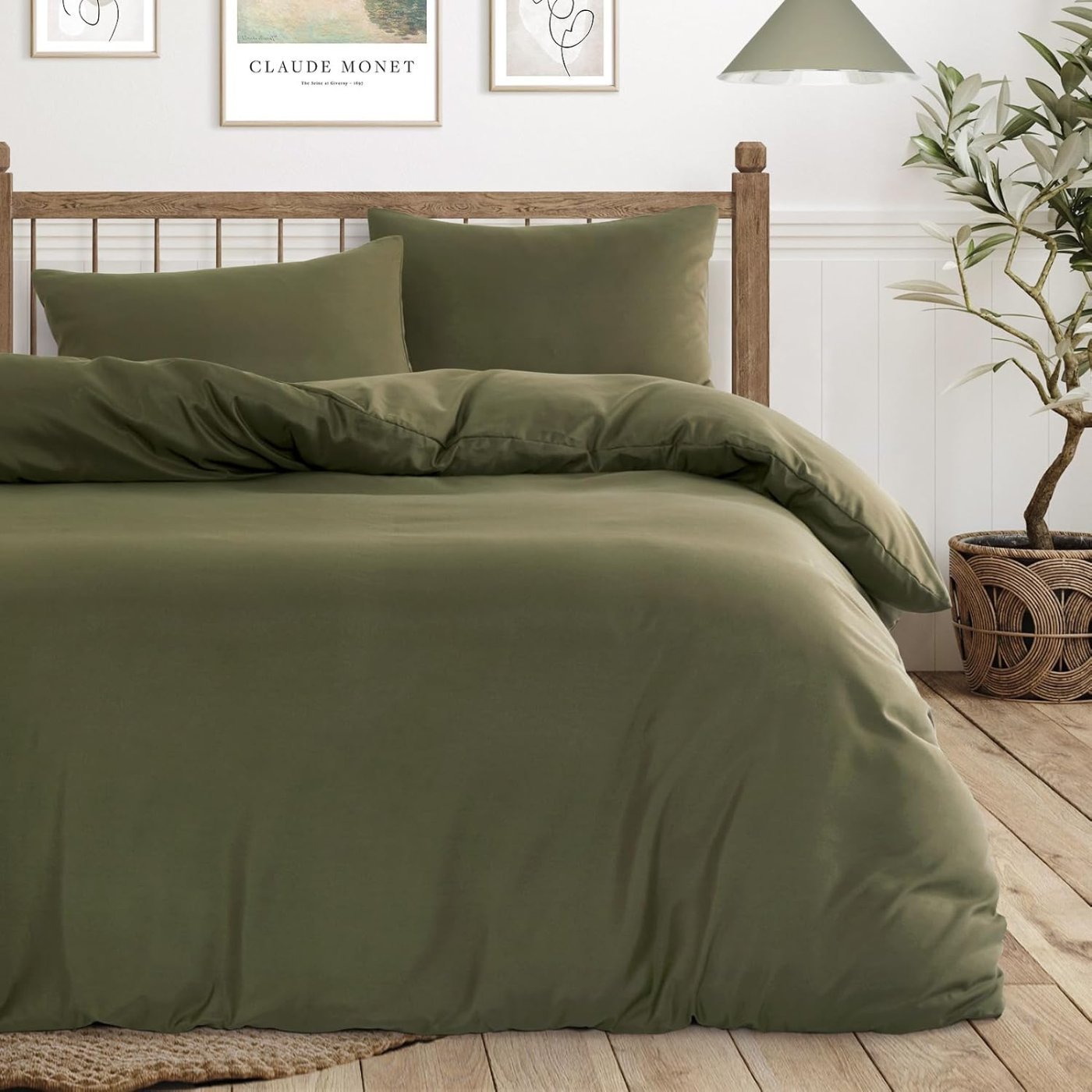 Wake In Cloud - Queen Quilt Cover Set, 1000TC Ultra Soft Microfiber Duvet Doona Cover Bed Bedding, 3pcs, Olive Green, Queen Size