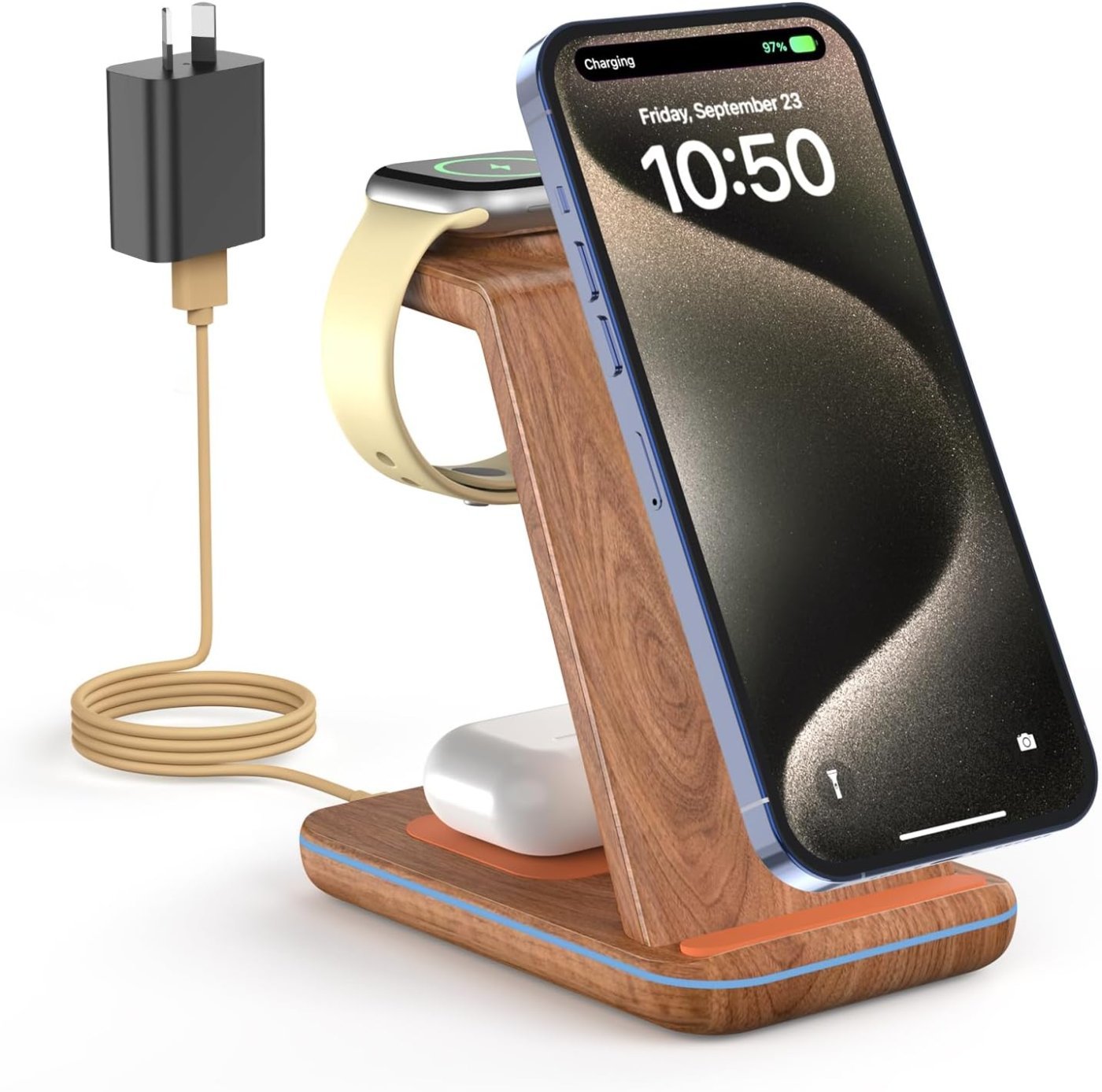 GEEKERA Wireless Charging Station for Apple, 3 in 1 Charger Dock for iPhone 17/16/15/14/13/12, Apple Watch Ultra/SE/11/10/9/8/7/6/5, AirPods Pro/4/3/2, Phone & Watch Charger Stand (Wood Grain)